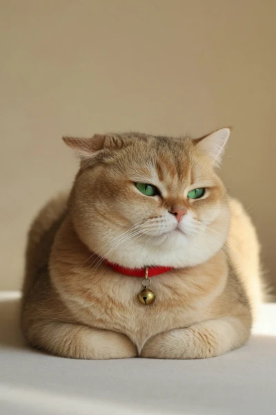 AI-generated Mochi, a golden British Shorthair cat with green eyes, loafing on a cream cushion.